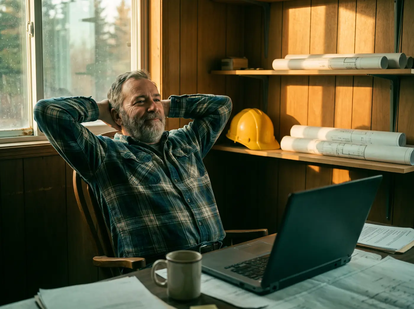 Le propriétaire d'une entreprise de construction, détendu à son bureau en fin de journée