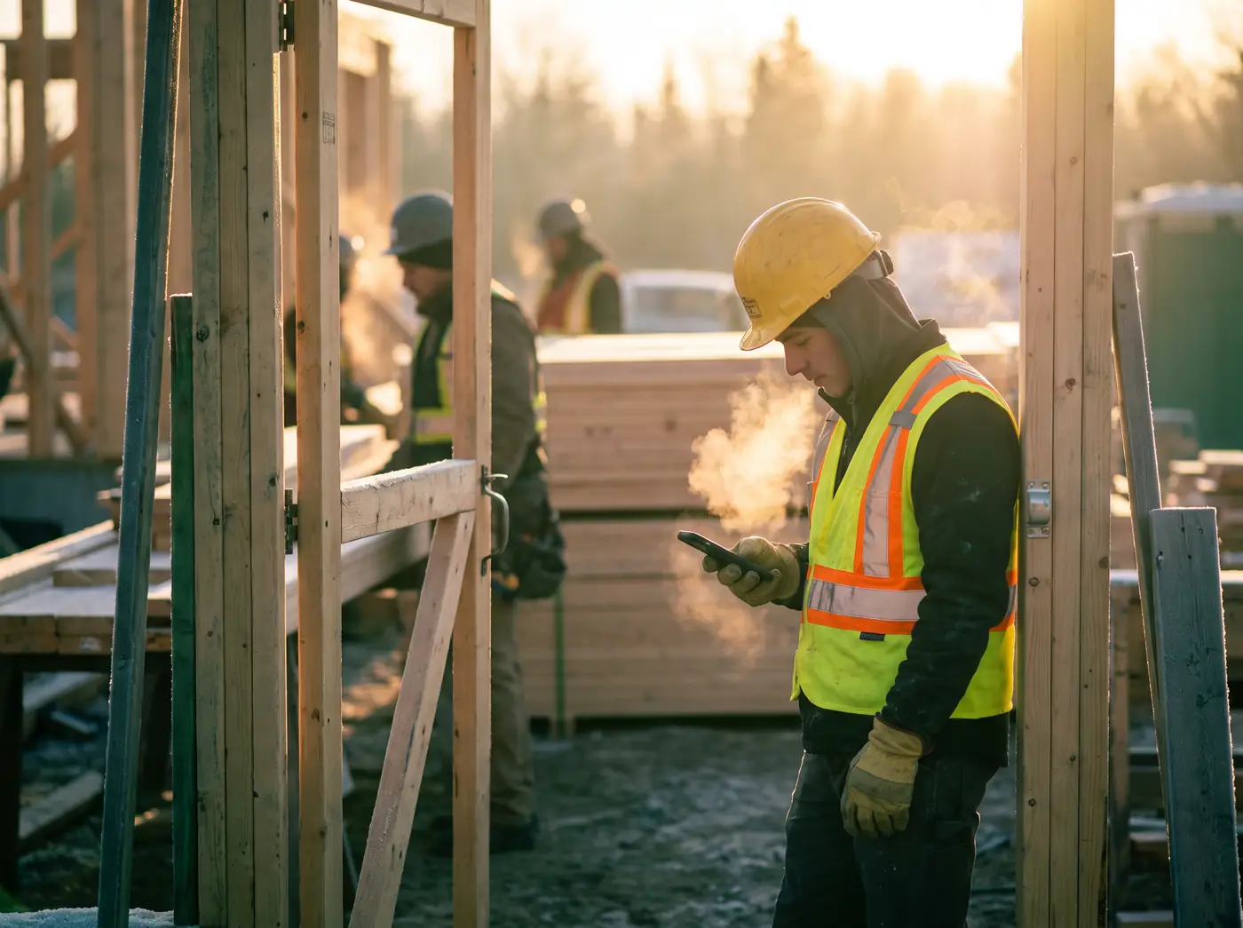 Un travailleur pointe sur son téléphone à l'aube, à l'entrée d'un chantier