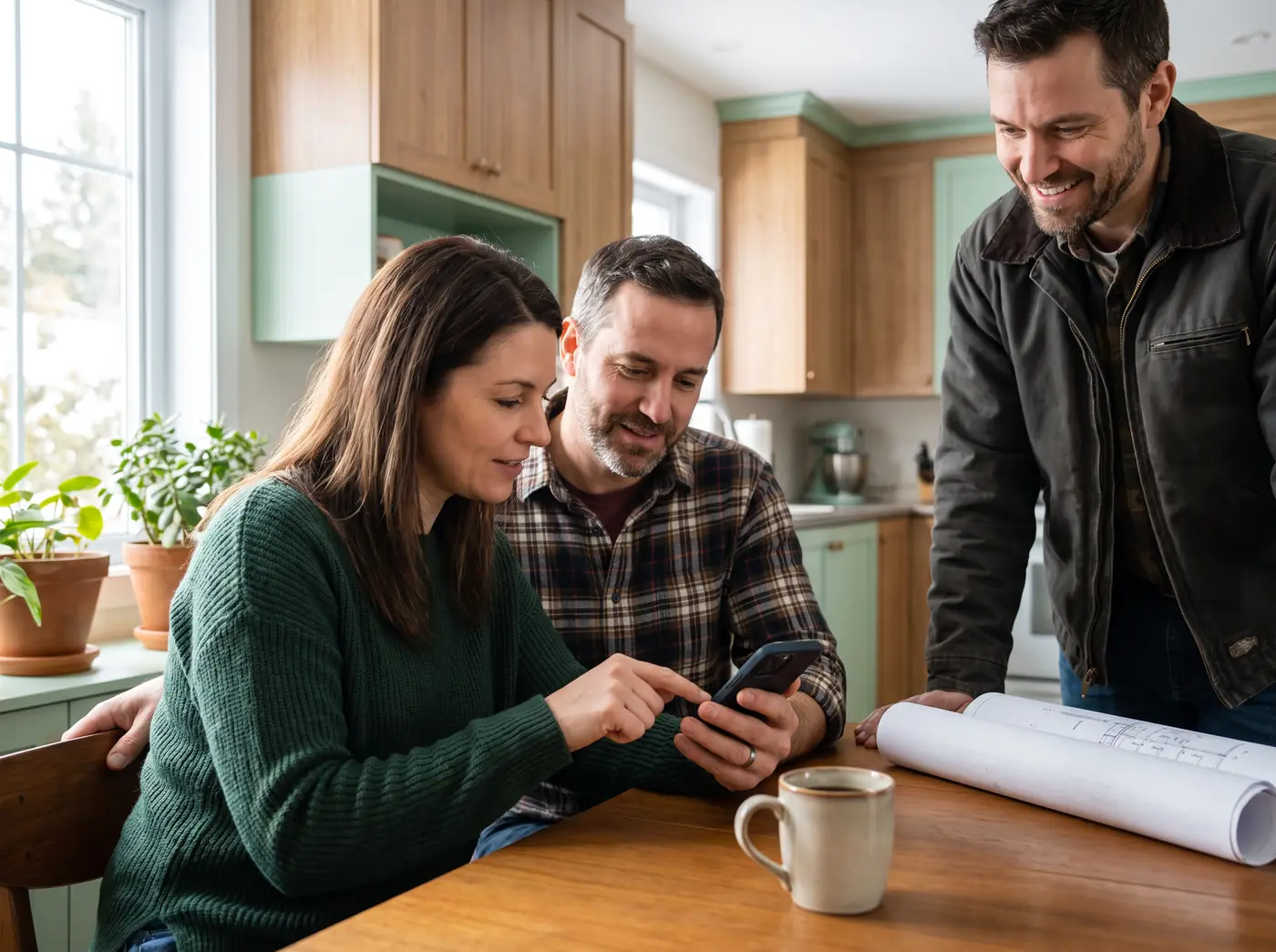 Un couple signe une soumission sur son téléphone dans sa cuisine, avec l'entrepreneur