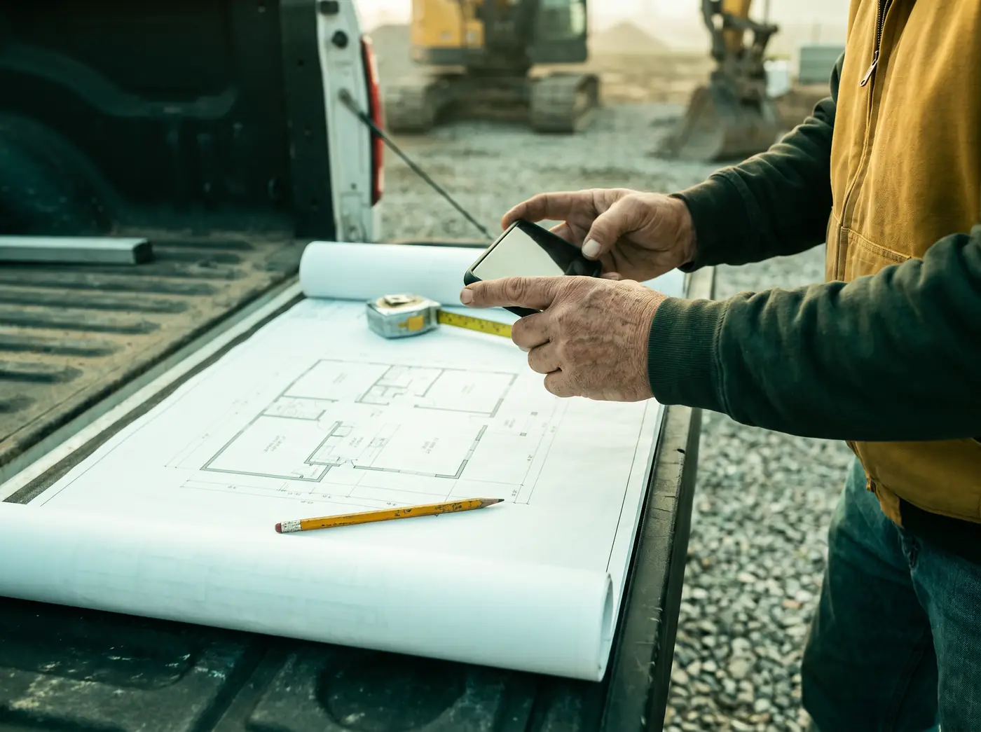 Un entrepreneur photographie un plan déroulé sur la boîte de son camion